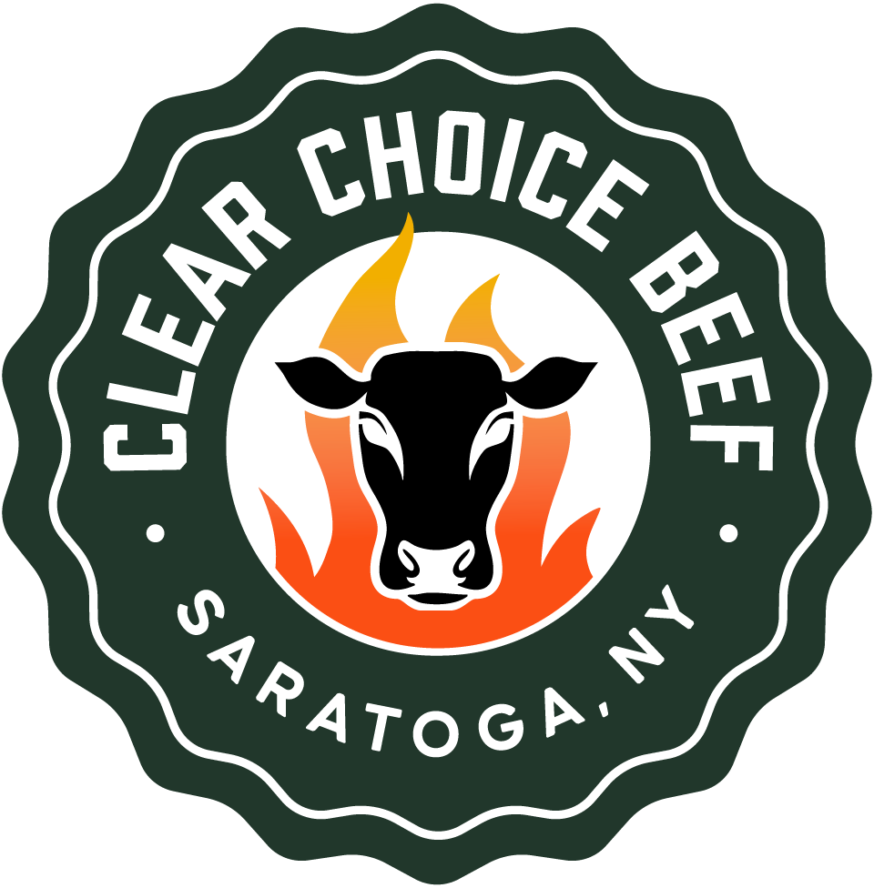 Logo of Clear Choice Beef, featuring a black cow head with flames, representing high-quality beef from Saratoga, NY.
